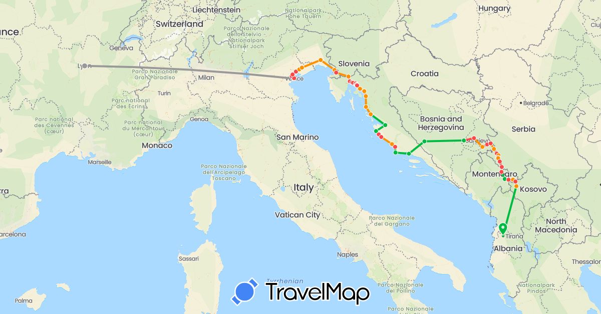TravelMap itinerary: bus, plane, hiking, hitchhiking in Albania, Bosnia and Herzegovina, France, Croatia, Italy, Montenegro, Serbia, Slovenia (Europe)