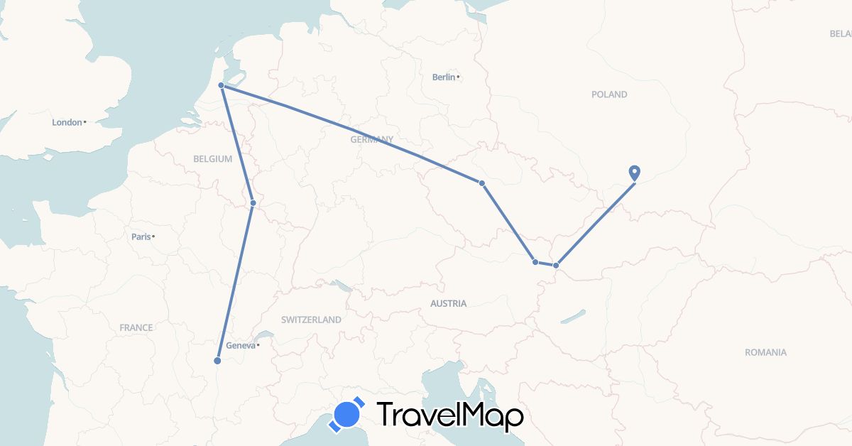 TravelMap itinerary: driving, cycling in Austria, Czech Republic, France, Luxembourg, Netherlands, Poland, Slovakia (Europe)